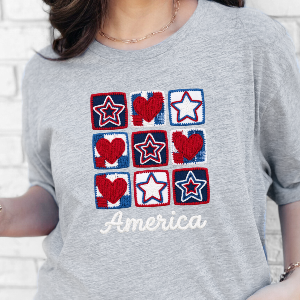 Patriotic Quilt Stars Hearts Graphic Tee