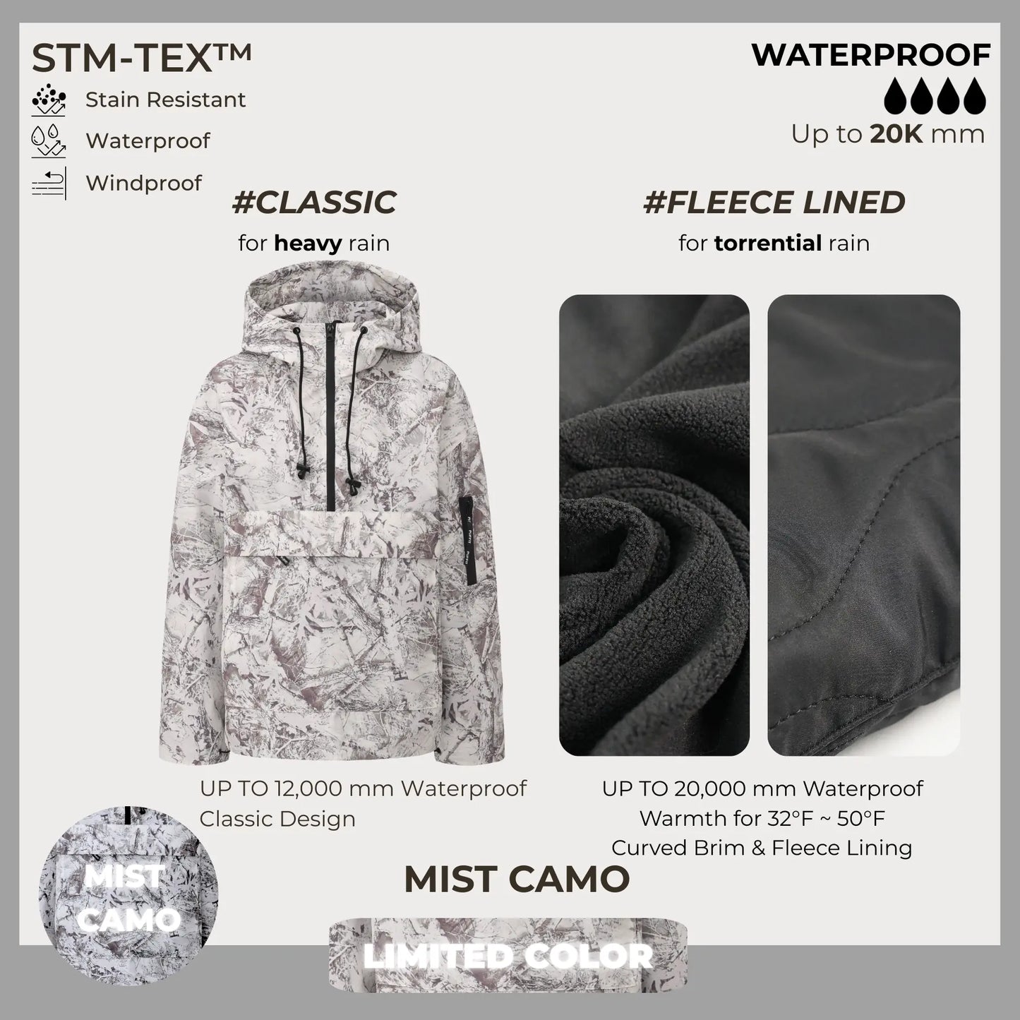 STM-TEX Waterproof Oversized Hoodie Coat – Warm Half-Zip Rain & Windproof Jacket with Adjustable Waist, Hood & Cuffs