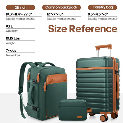 20" Carry On Suitcase, 3-Piece Luggage Set (24&28 inch sizes are not suitable for carry-on)& Travel Backpack, PC Hardside Spinner Luggage with TSA Lock, YKK Zipper, Lightweight Durable Suitcase for Men and Women Hard Shell Luggage